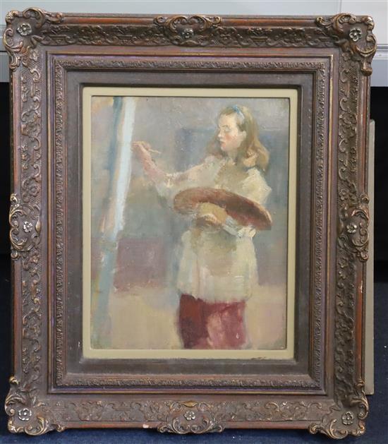 Marian Kratochwil (1906-1997) Self portrait of the artist working at an easel 32 x 25cm.